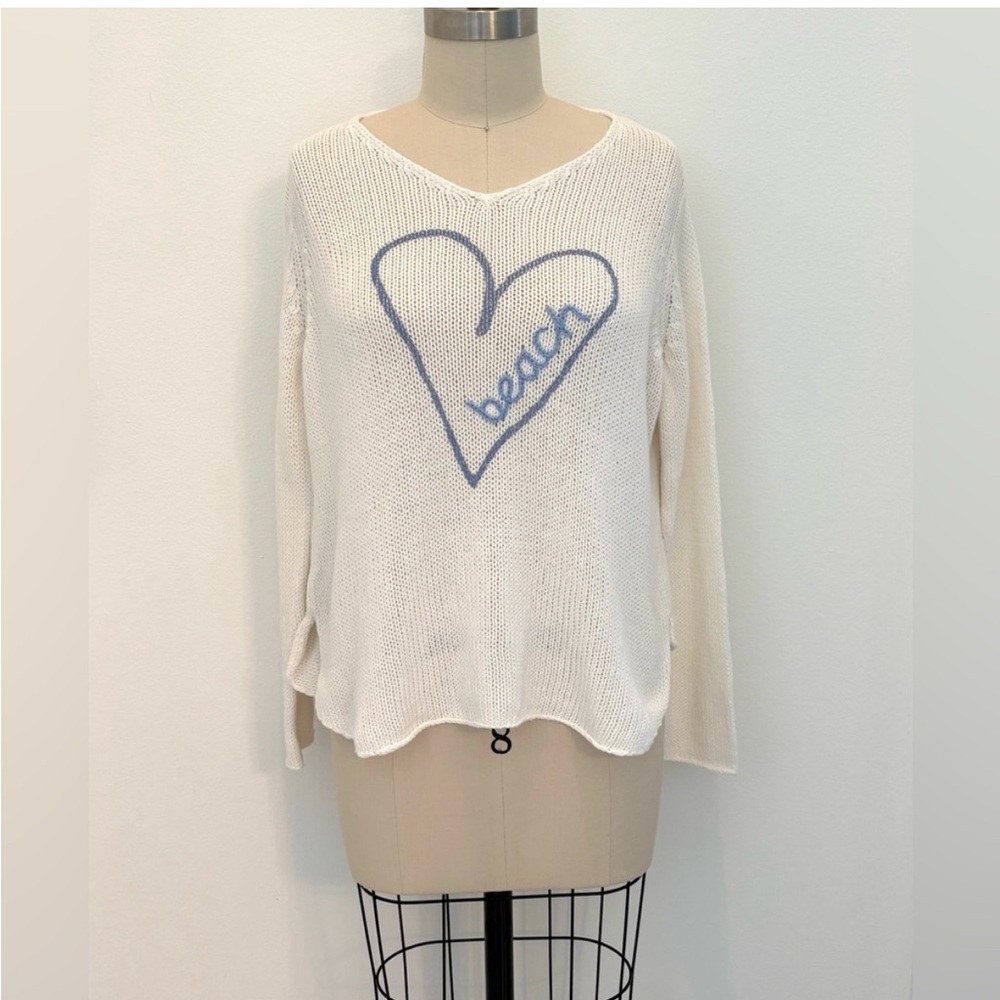 Wooden Ships ‘beach’ Sweater Graphic Blue Cream Soft Cotton Blend V-Neck S/M